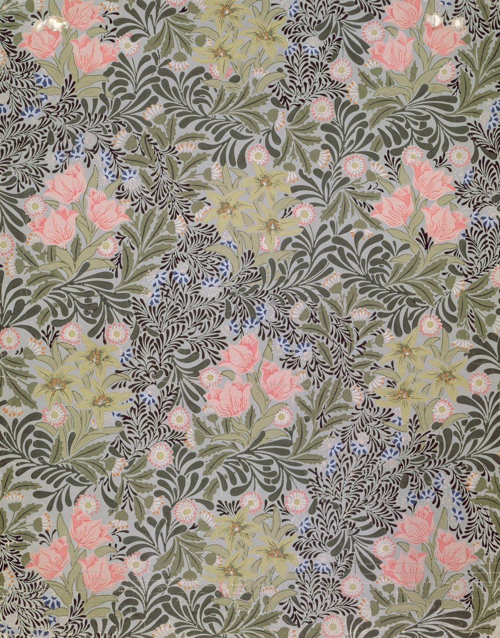 Design de papel de parede com tulipas, margaridas e madressilva (papel de parede) de William Morris