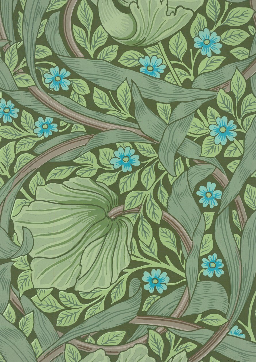 William Morris Wallpaper Sample with Forget-Me-Nots, c.1870 (impressão em bloco de madeira a cores) de William Morris
