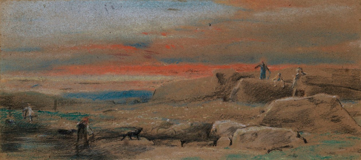 Figuras entre rochedos ao pôr do sol de William Mulready