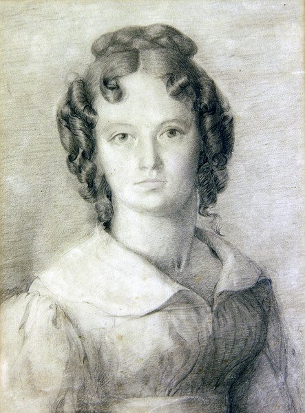Retrato em Busto de Charlotte Rolfe (lápis e lápis de cor sobre papel) de William Mulready