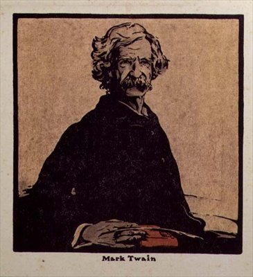 Mark Twain (1835-1910) ilustração de "Twelve Portraits", publicado em 1899 (bloco de madeira colorido à mão) de William Nicholson