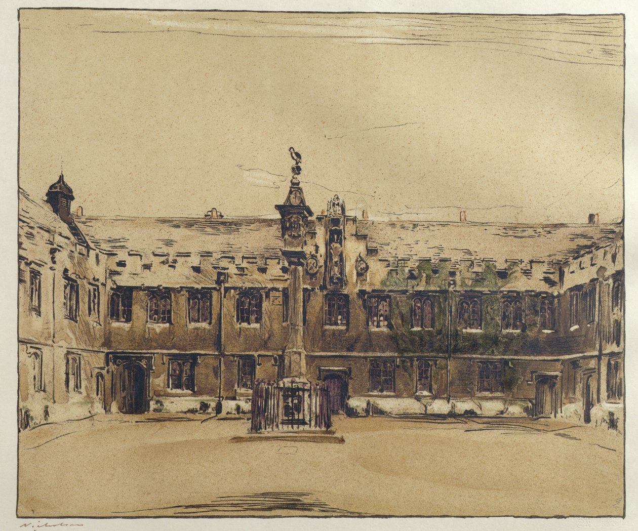 The Front Quad do Corpus Christi College, Oxford (caneta e tinta com lavagem em papel) de William Nicholson