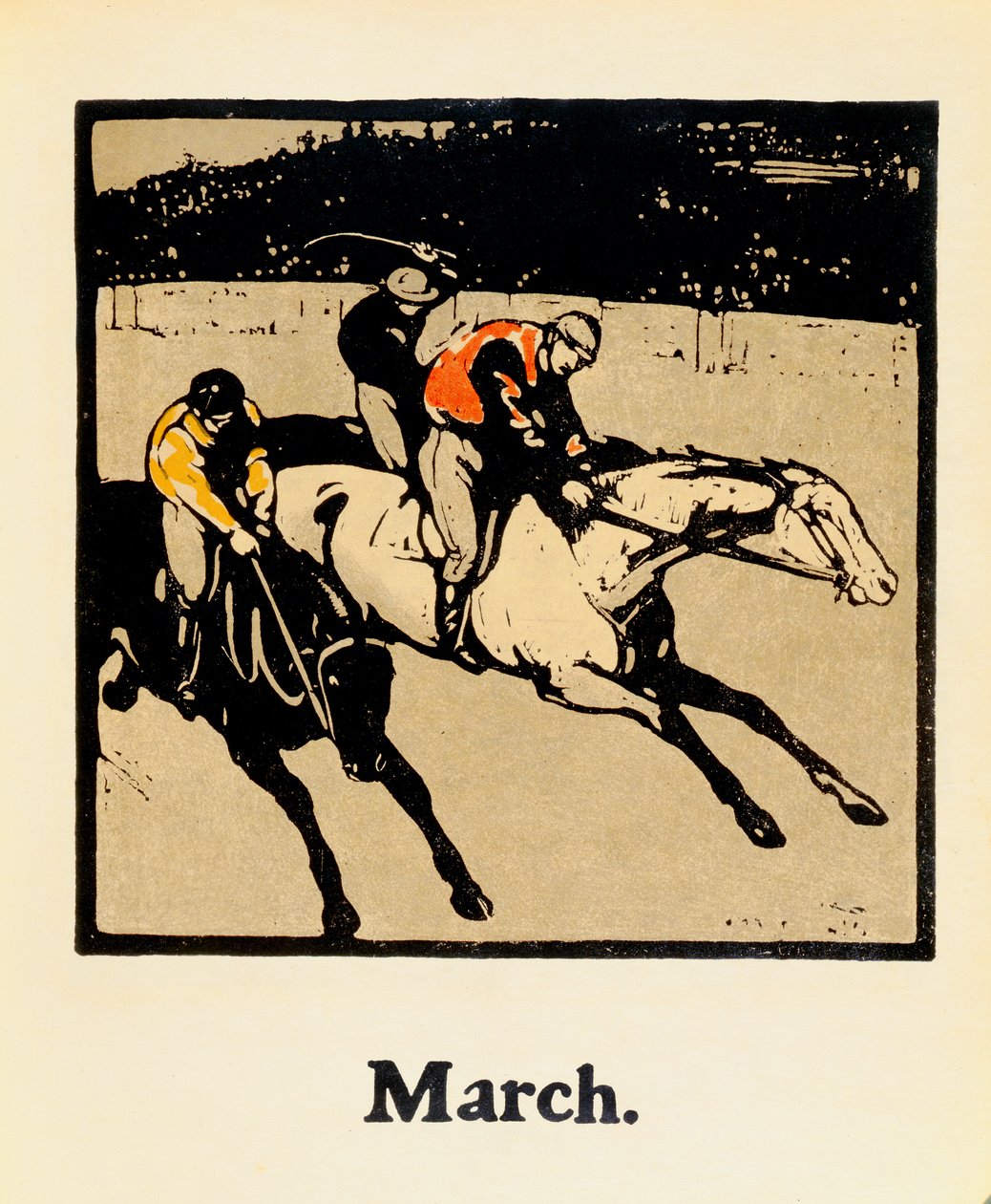 O Mês de Março, de "Um Almanaque dos Doze Desportos", com palavras de Rudyard Kipling, publicado pela primeira vez por William Heinemann de William Nicholson
