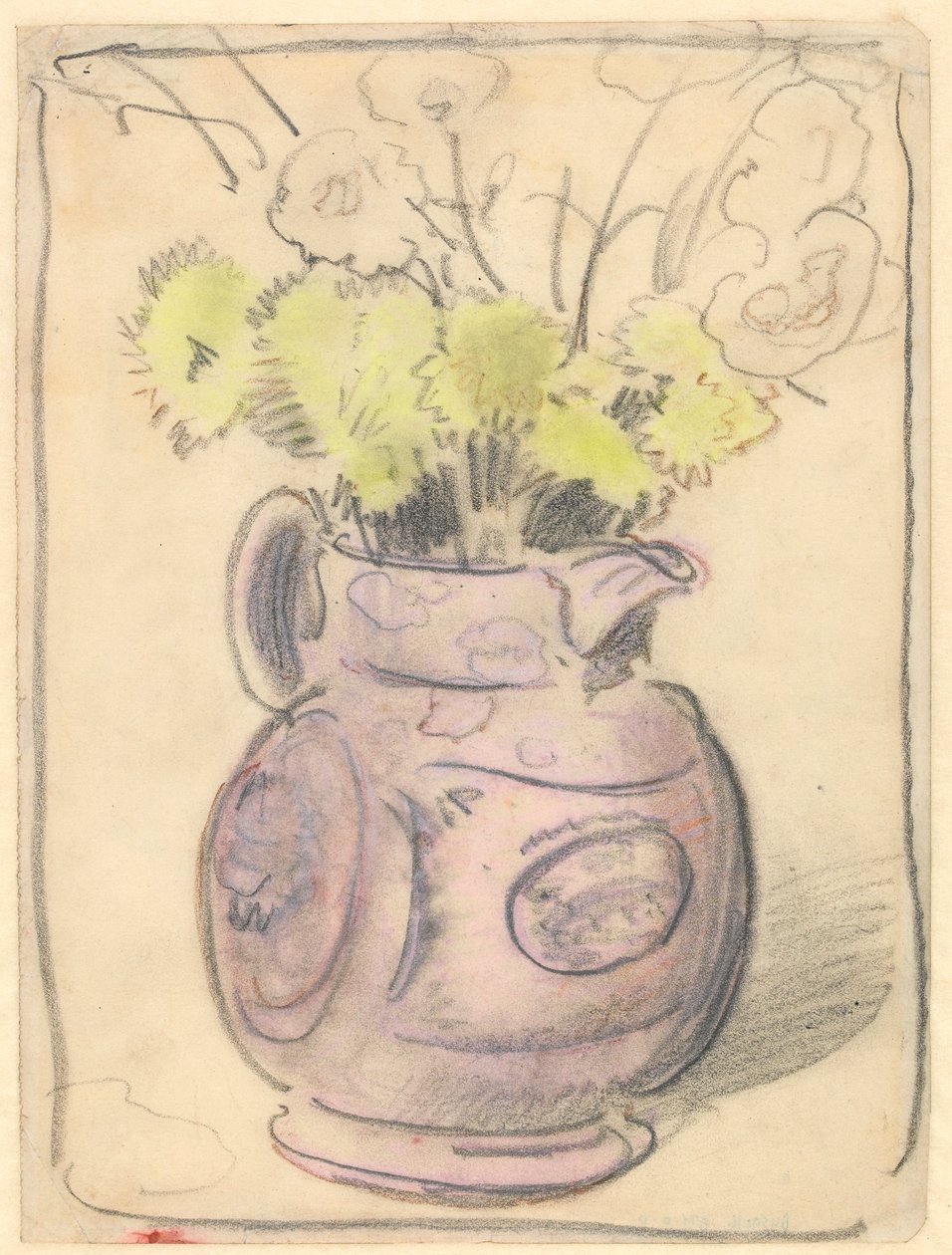 Vaso de flores: crisântemos amarelos em jarro lustroso (giz preto e colorido sobre papel) de William Nicholson