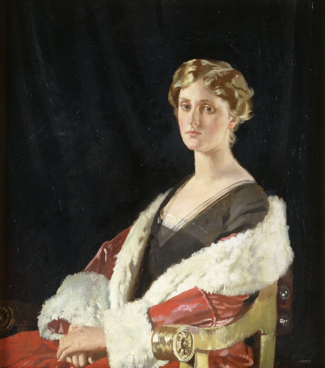 Retrato de Nancy Oswald Smith, sentado meio comprimento, com um casaco vermelho forrado de pele, 1915 de William Orpen