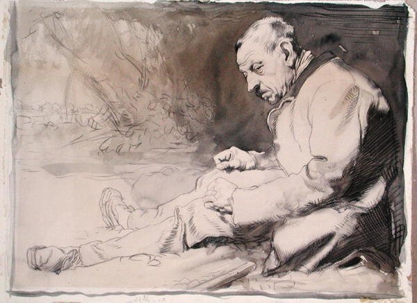 Estudo de um homem velho (lápis e aguarela sobre papel) de William Orpen