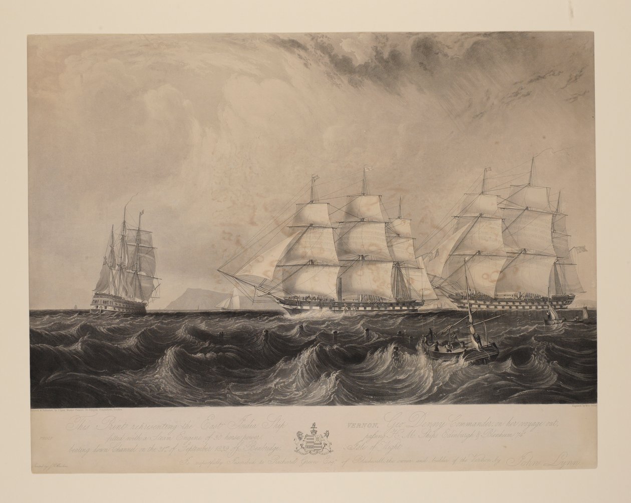 Esta gravura representa o navio das Índias Orientais "Vernon", comandado por Geo. Denny, comandante, na sua viagem, equipado com uma máquina a vapor de 30 cavalos de potência, passando pelos navios HM Edinburgh e Blenheim 74 ao largo do Canal da Mancha, em de William Overend Geller