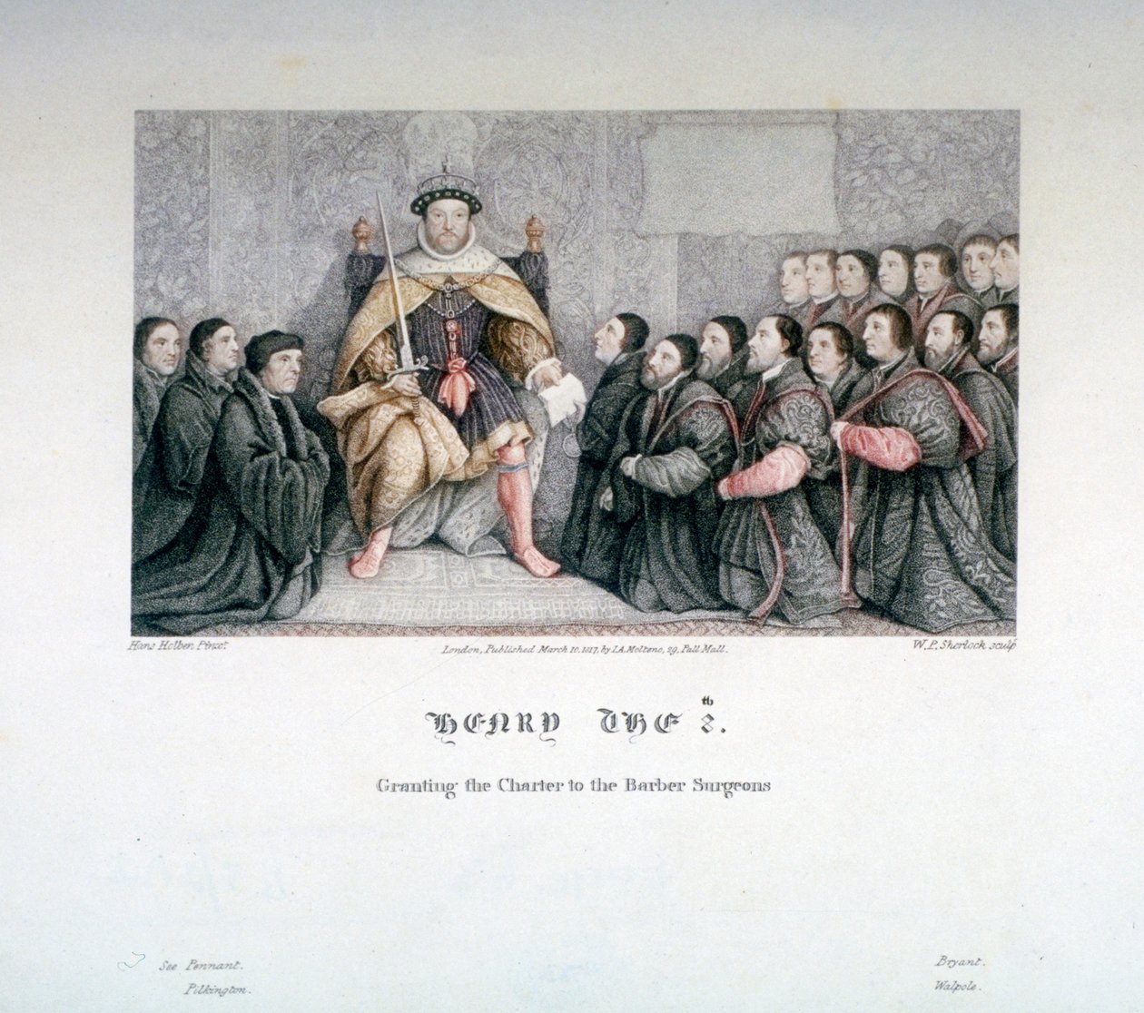 Henrique VIII concedendo o alvará aos cirurgiões barbeiro, século XVI, 1817.                      de William P Sherlock