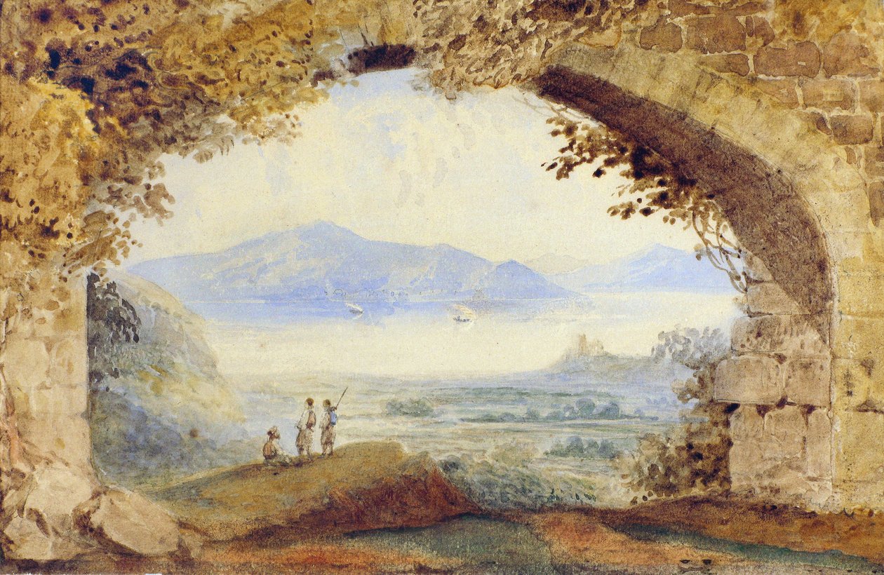 Figuras gregas sob um arco em ruínas (aguarela) de William Page