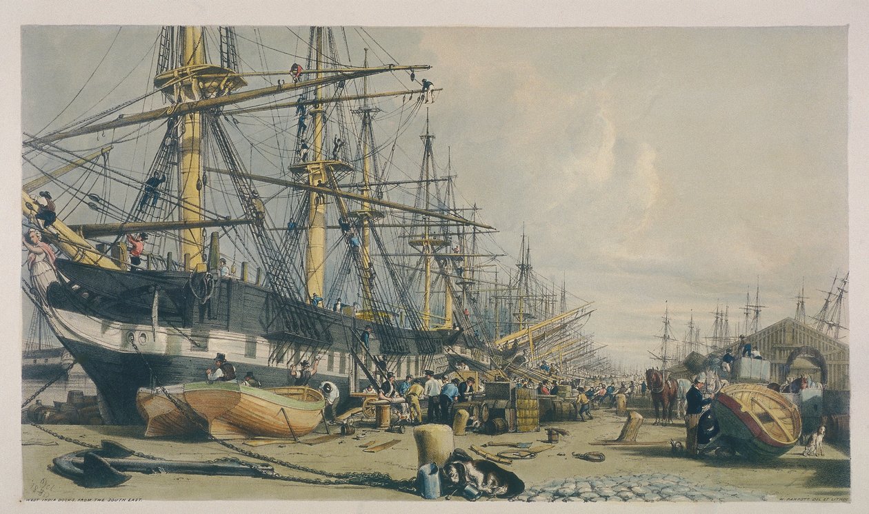 Vista das Docas da Índia Ocidental a partir do Sudeste, 1840 de William Parrott