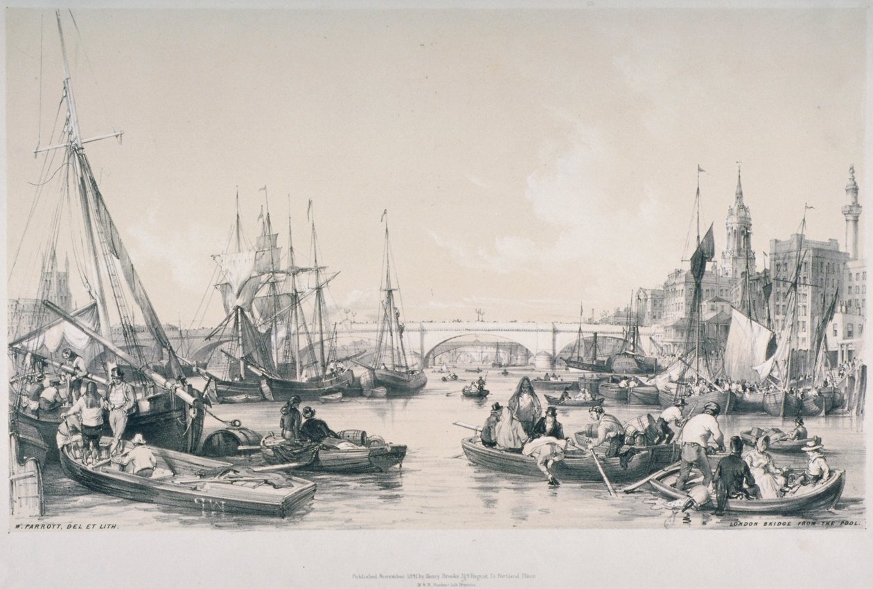 Vista da nova Ponte de Londres a partir da piscina do rio Tamisa, 1841 de William Parrott