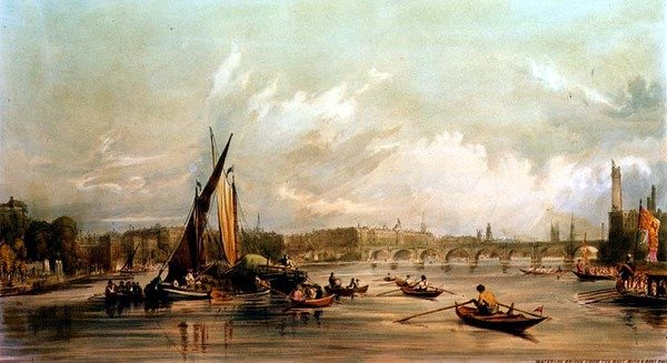 Ponte Waterloo desde o Oeste com uma Corrida de Barcos (litho) de William Parrott