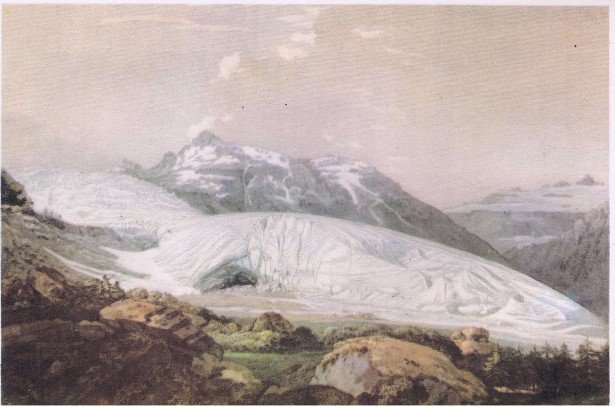 Vista do Monte Furka com o Glaciar do Ródano, da British Adventure, publicado por Collins, 1947 de William Pars
