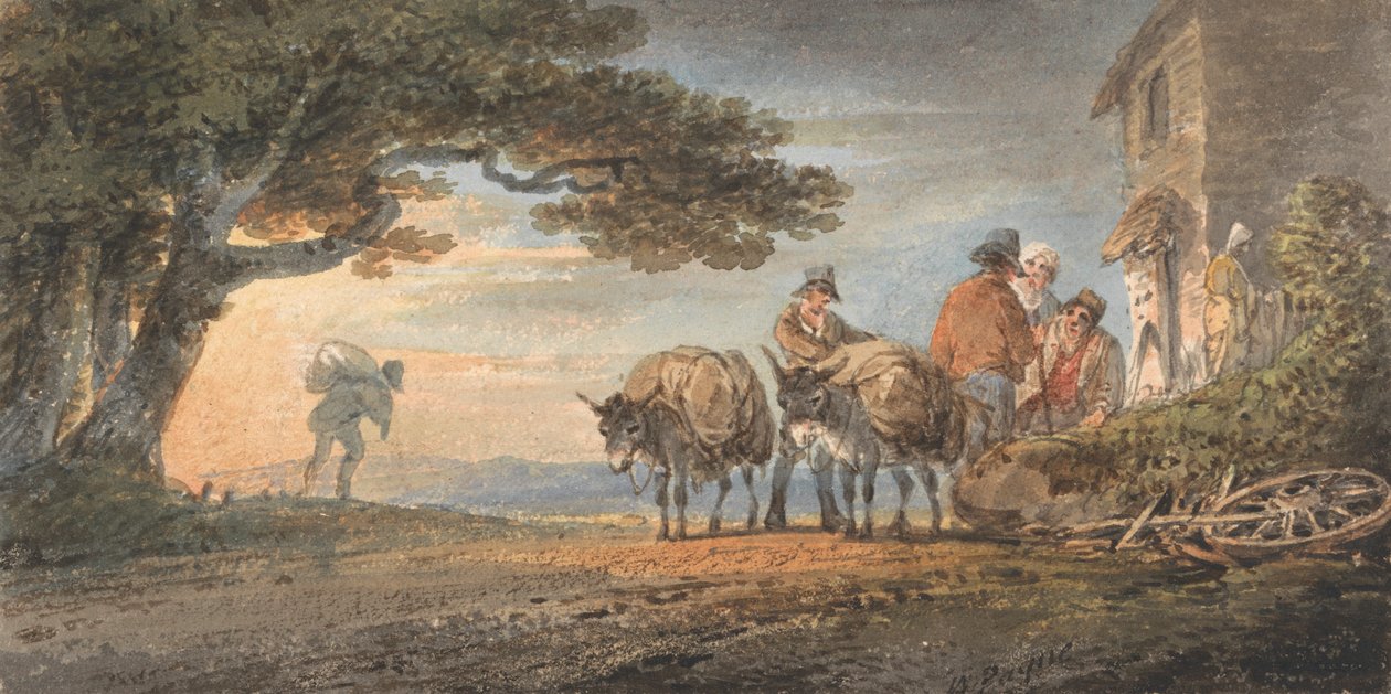 Condutores e Burros a descansar ao pôr-do-sol de William Payne