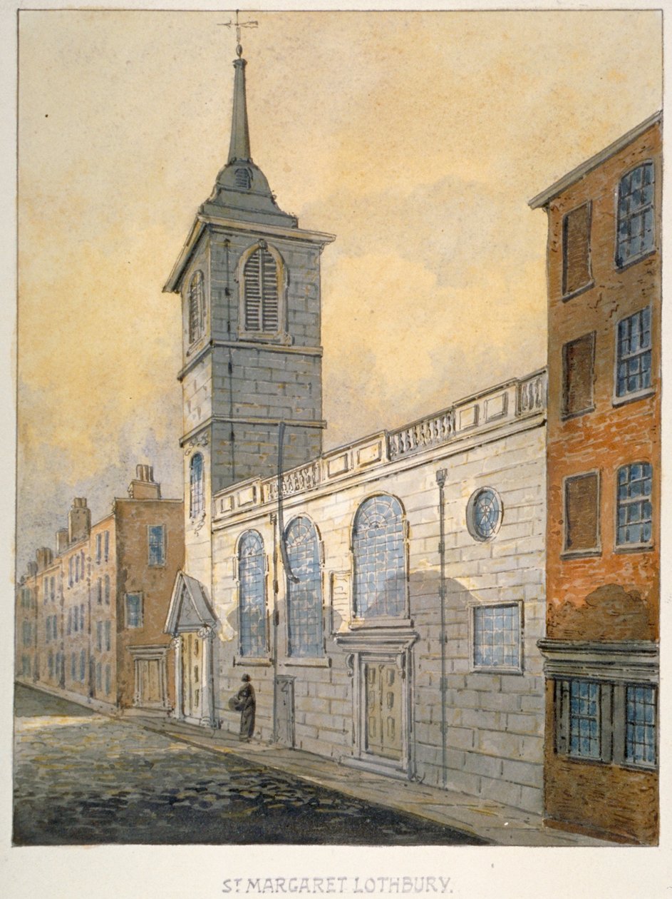 Vista sudeste da Igreja de St Margaret Lothbury, City of London, 1815.                          de William Pearson