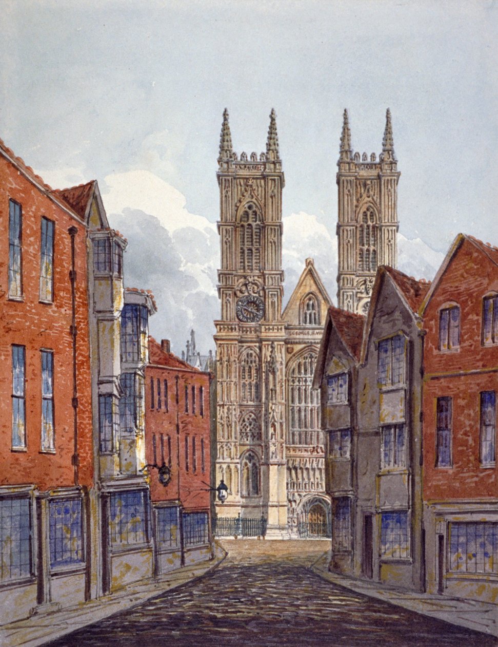Vista do extremo oeste da Abadia de Westminster, olhando da Tothill Street, Londres, c1815 de William Pearson