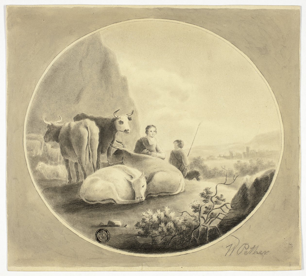 Pastores, vacas e ovelhas na paisagem de William Pether