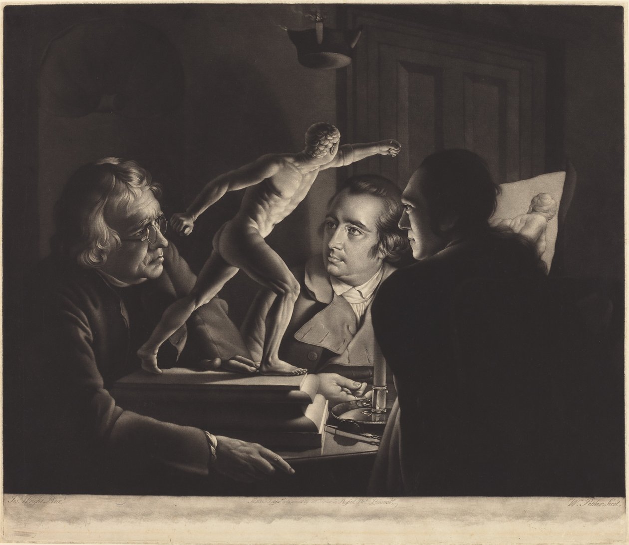 Três pessoas vendo o gladiador à luz de velas de William Pether after Joseph Wright