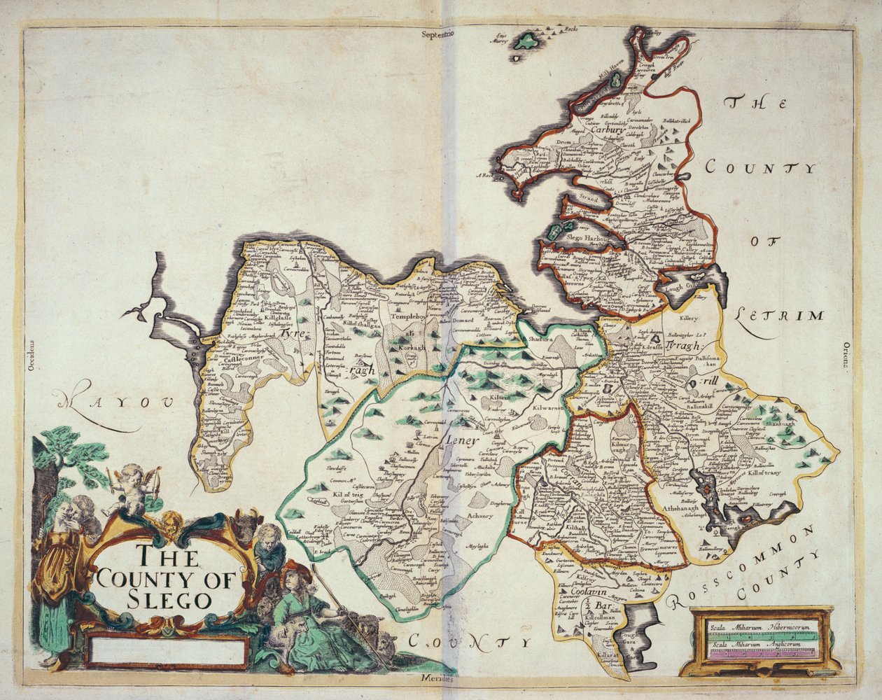 O Condado de Slego, de &39;Hiberniae Delineatio&39;, o &39;Down Survey&39;, 1685 (gravura colorida à mão) de William Petty