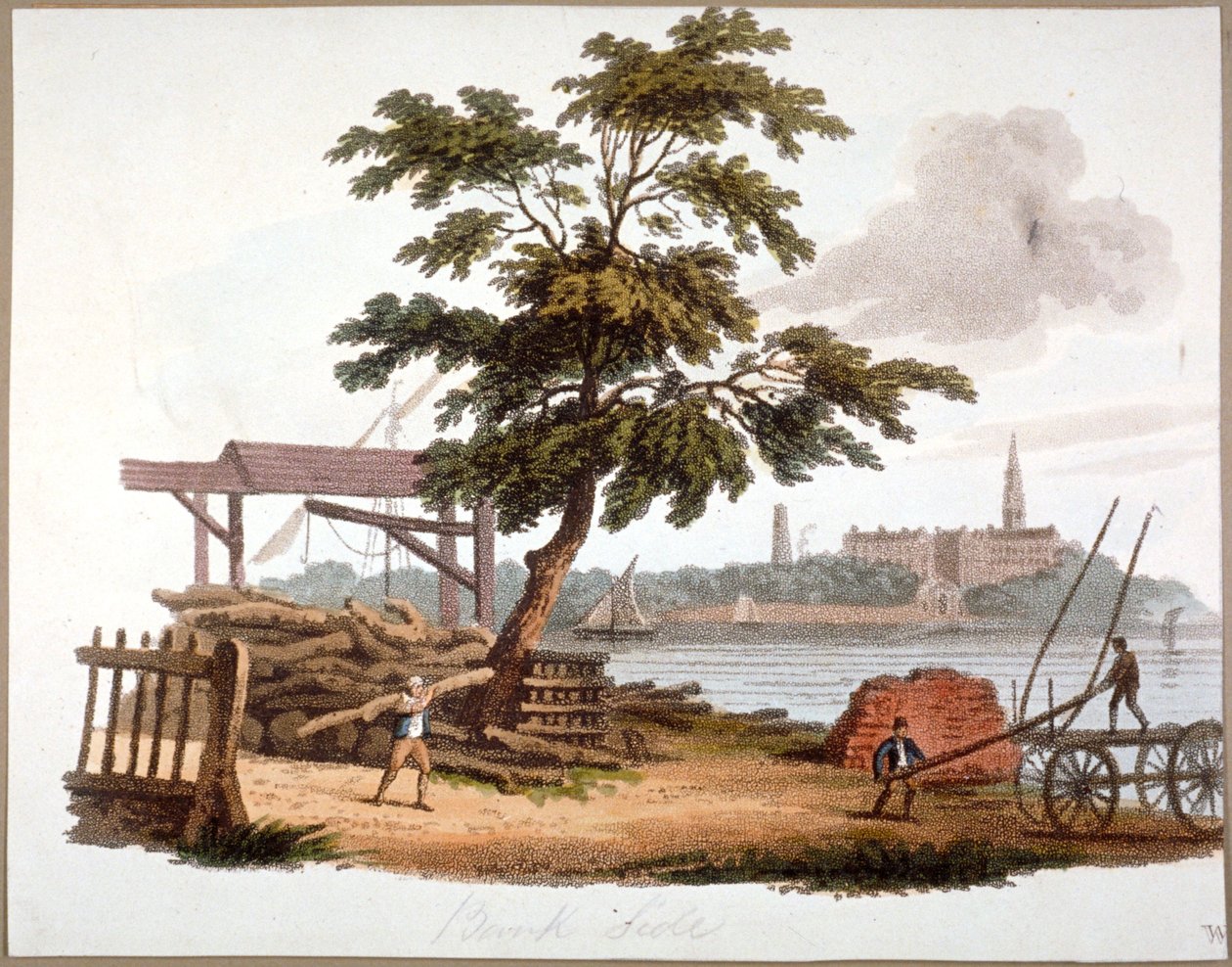 Homens movendo madeira em Bankside, Southwark, Londres, c1810 de William Pickett