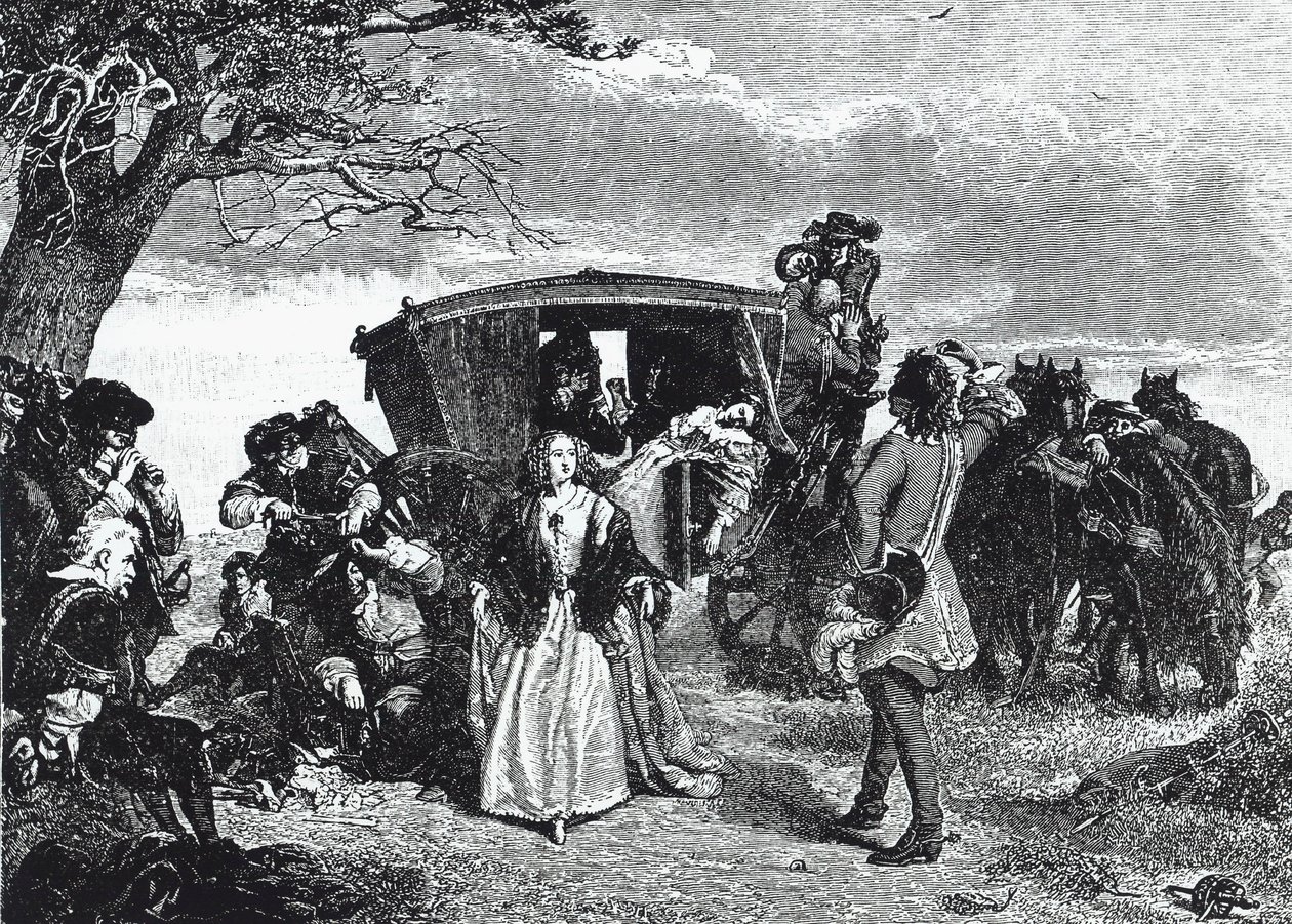 O Highwayman Claude Duval retratado no lendário momento em que declina levar todo o seu saque se a mulher da vítima dançar um 