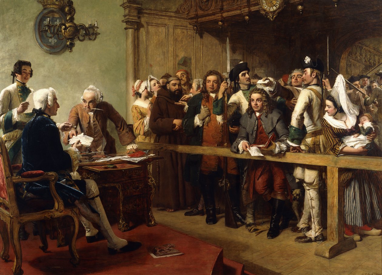 Hogarth levado perante o governador de Calais como espião, 1851 de William Powell Frith