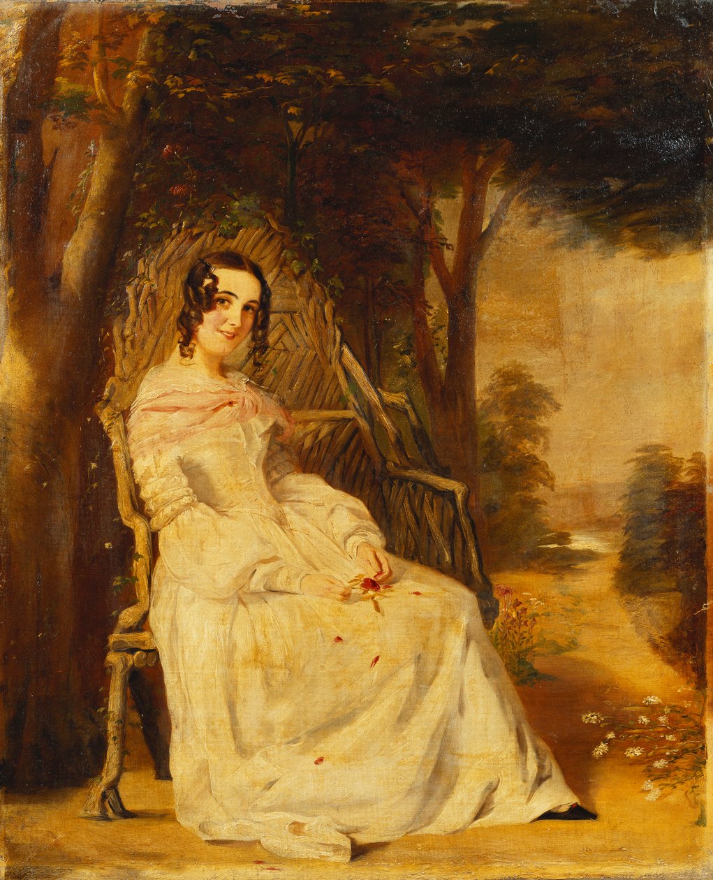 Retrato de Mary Freer sentado pequeno comprimento total em um assento de jardim, de William Powell Frith
