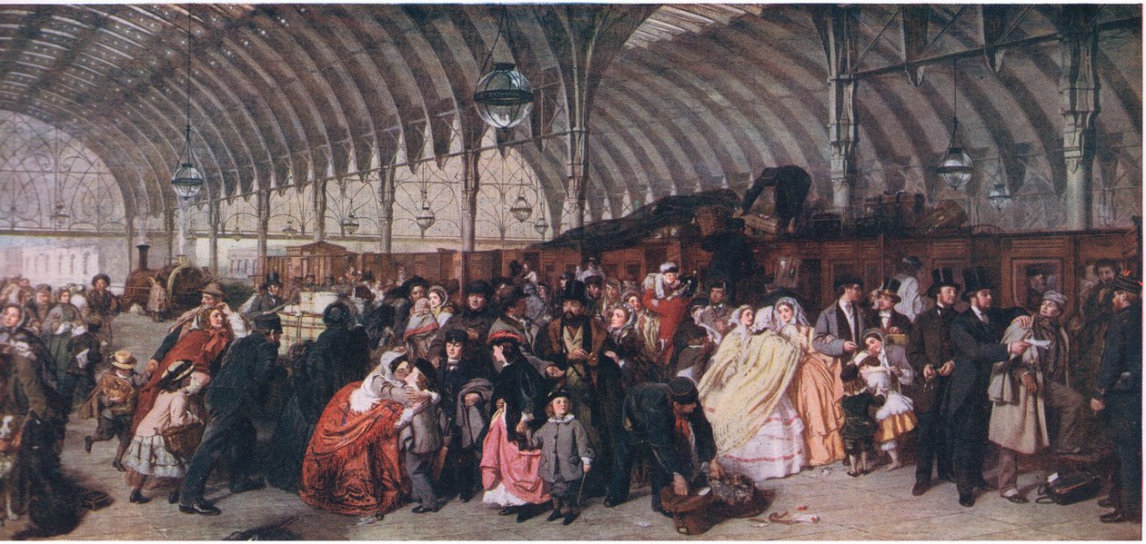 A Estação Ferroviária, de Cassells História do Povo Britânico publicado pela Waverley Book Company Limited, c.1940 de William Powell Frith