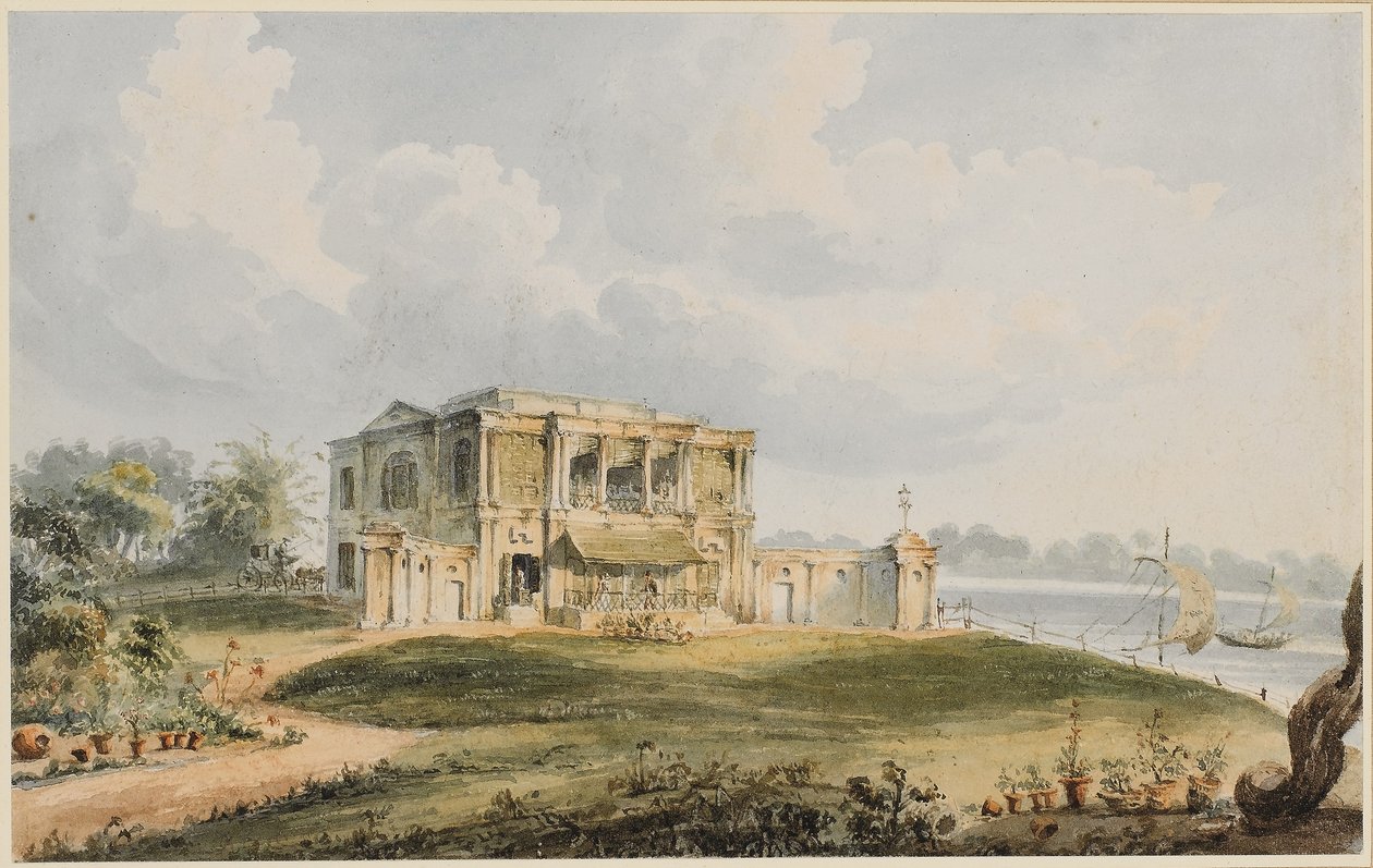 Vista da Casa de Charles Prinsep, Ishura no rio Hooghly (giz preto, caneta e tinta castanha com aguarela sobre papel) de William Prinsep