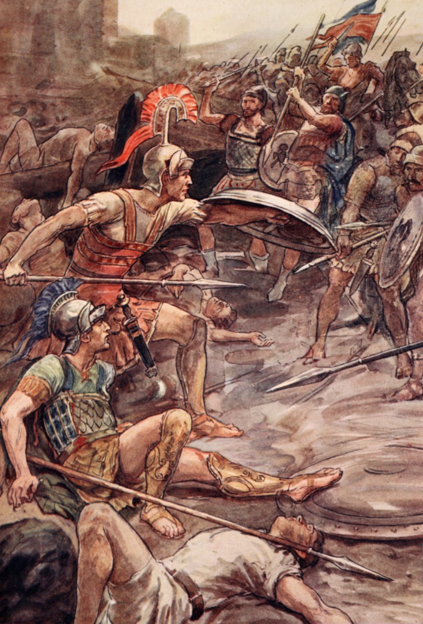 Epaminondas defendendo Pelopidas, ilustração de &39;Vidas de Plutarco para meninos e meninas&39;, recontada por WH Weston, Londres c.1910 de William Rainey