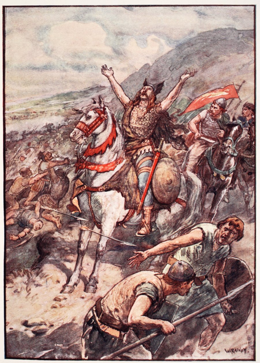 "Se me derem a vitória sobre esses inimigos, serei batizado em Teu nome", placa de "A história da França", de Mary MacGregor, 1920 (litografia colorida) de William Rainey