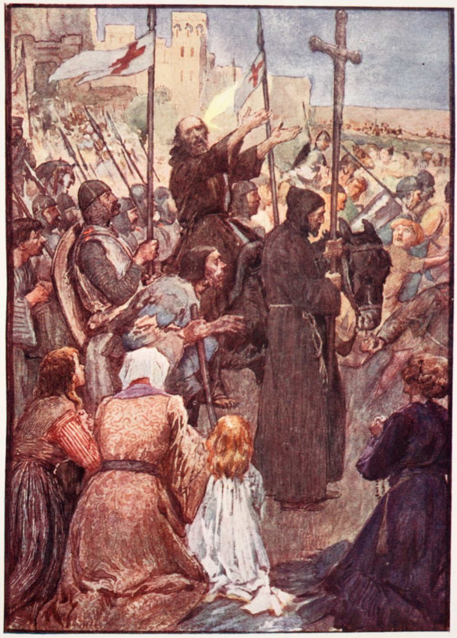 "Freqüentemente ele era visto cavalgando sobre um traseiro", prato de "A história da França", de Mary MacGregor, 1920 (litografia colorida) de William Rainey