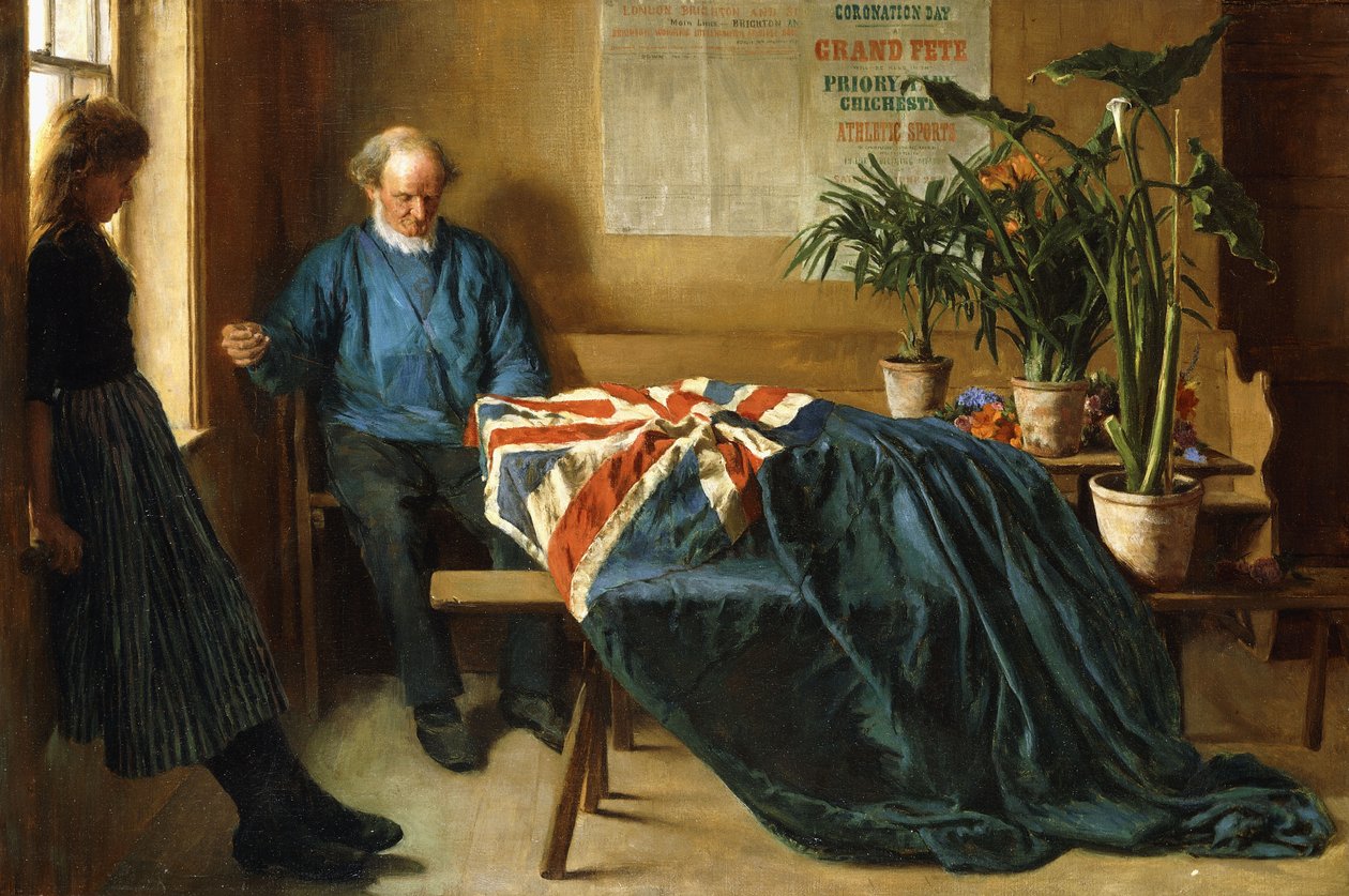 Preparação para o Dia da Coroação, Chichester, c.1902 (óleo sobre tela) de William Rainey