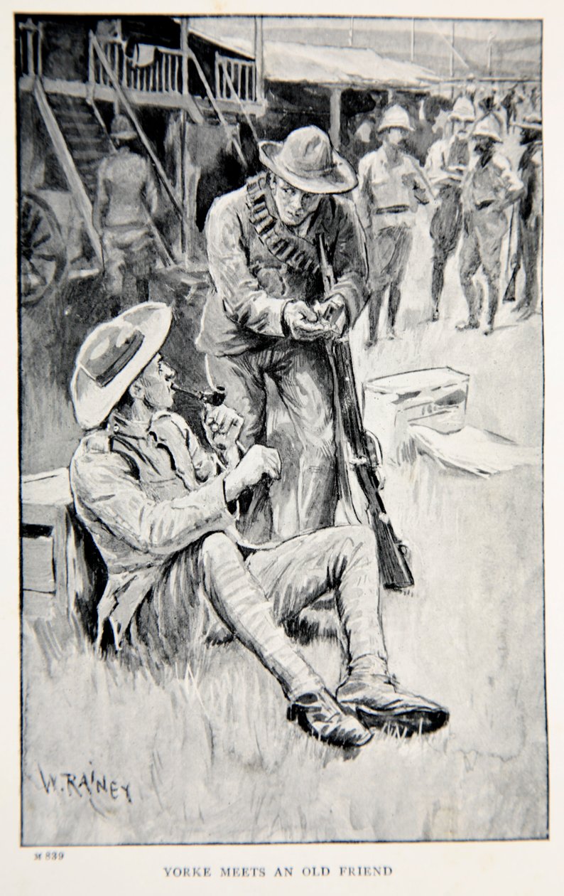Yorke conhece um velho amigo, uma ilustração de "With Roberts to Pretoria: A Tale of the South African War", de GA Henty, pub. Londres, 1902 de William Rainey