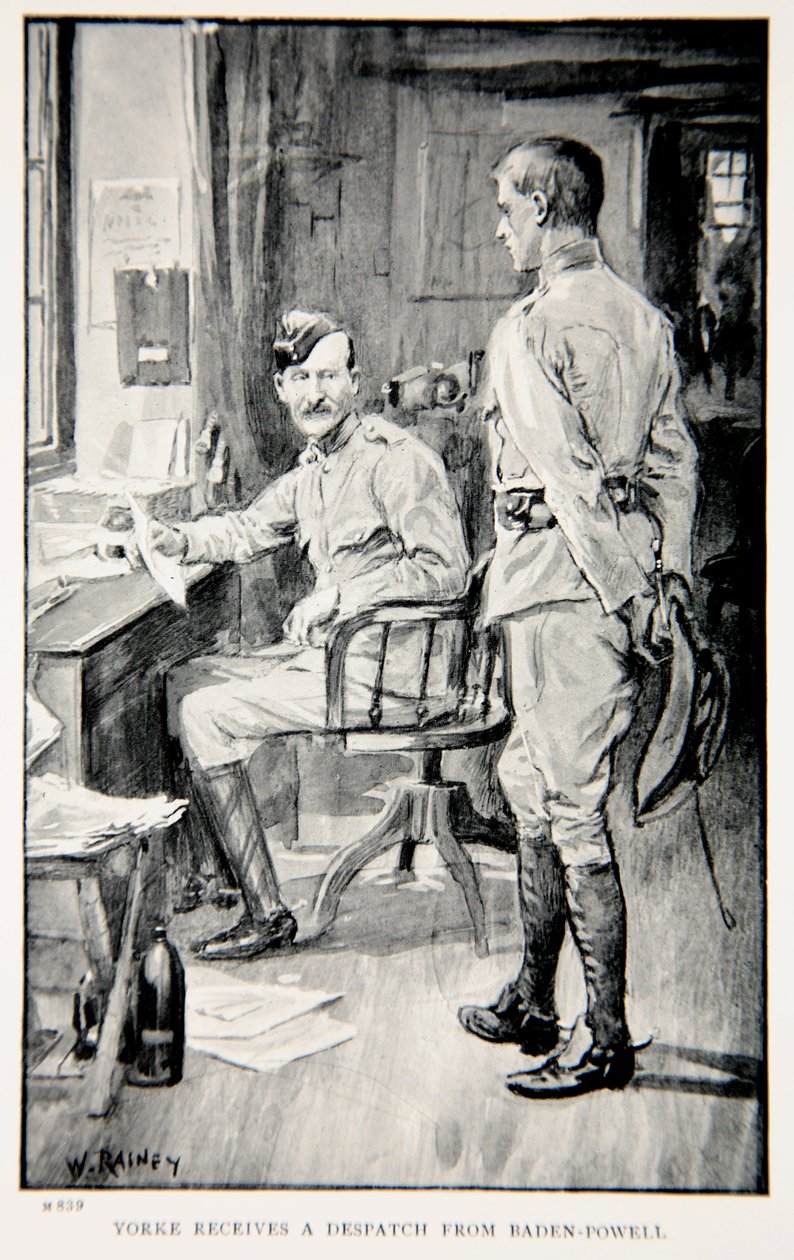 Yorke recebe um despacho de Baden-Powell, uma ilustração de "With Roberts to Pretoria: A Tale of the South African War" por GA Henty, pub. Londres, 1902 de William Rainey