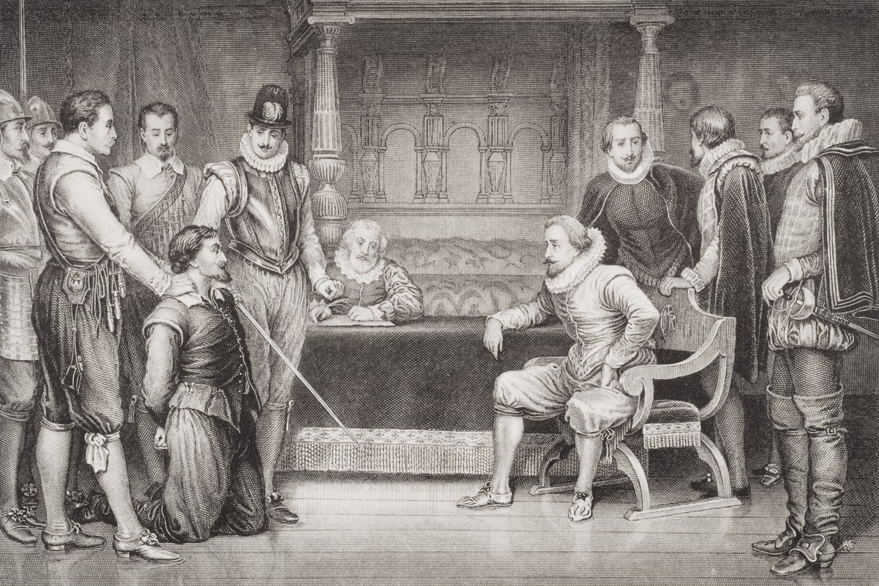 Guy Fawkes (1570-1606) interrogado por James I (1566-1625) e seu conselho no quarto de dormir do rei, de "Ilustrações da História Escocesa e Inglesa", Volume I de William Ralston