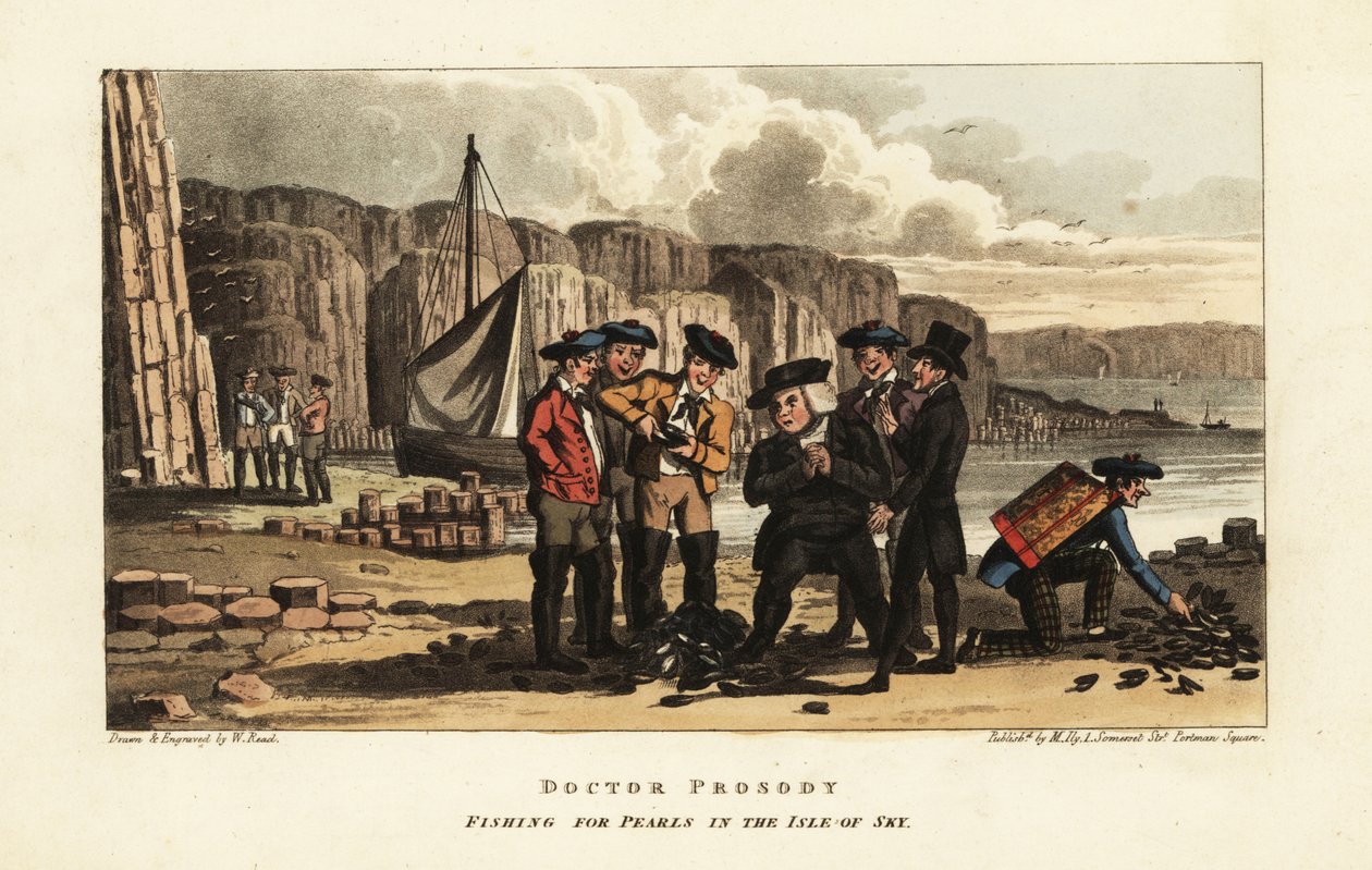 Turistas ingleses observam pescadores escoceses a abrir ostras de pérola na Ilha de Skye, na Escócia de William Read