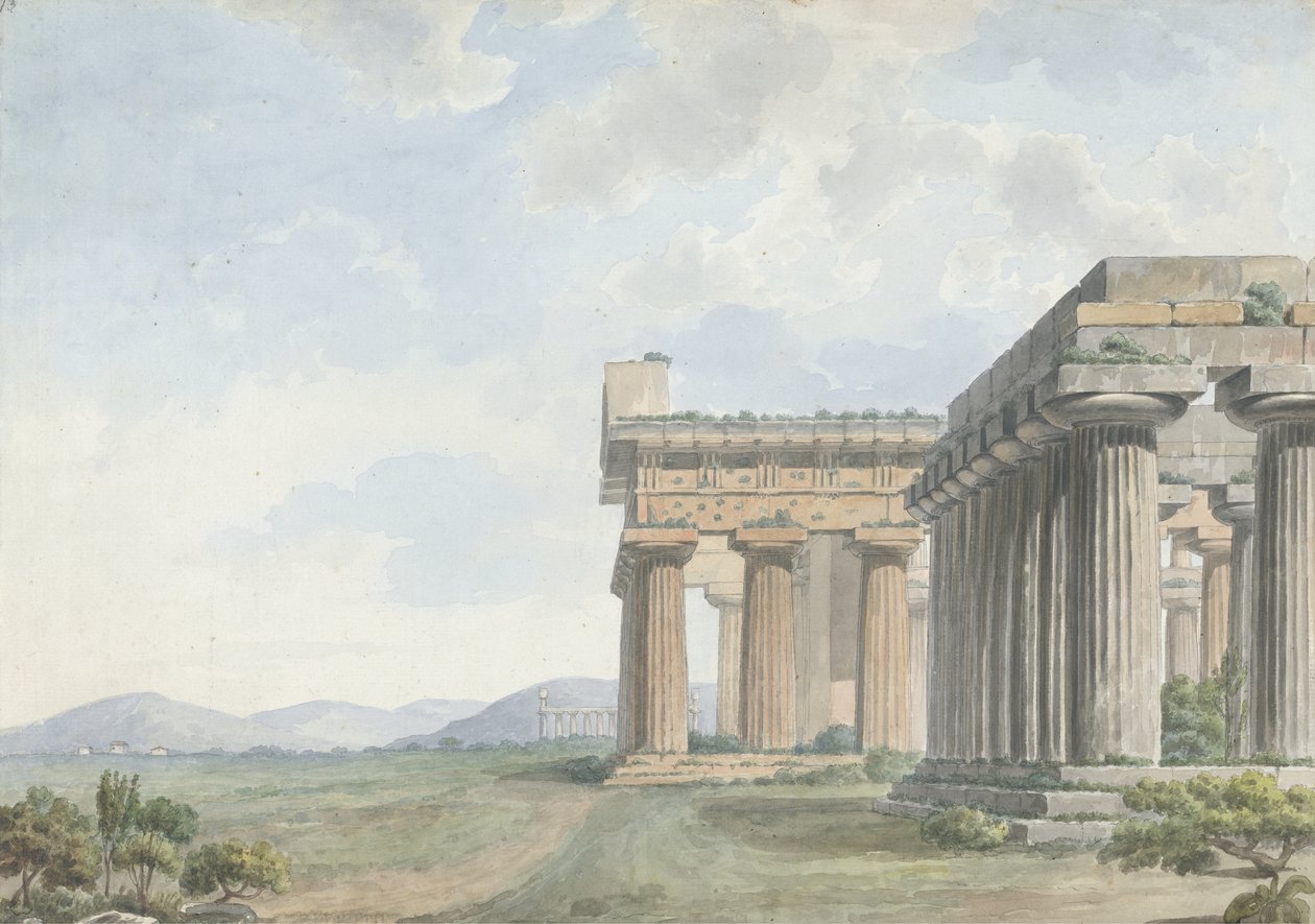 Vistas no Levante: Ruínas do Templo em Paestum, c.1785 (wc com caneta e tinta sobre grafite sobre papel) de William Reveley