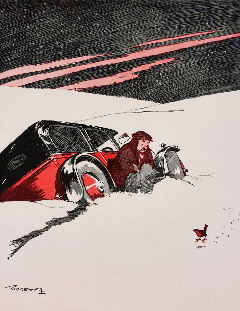 Quando o Red Red Robin vem Bob Bob Bobbin", motorista num carro preso na neve, cartoon de William Ridgewell (1881-1937) de The Tatler, No 1434, 19 de Dezembro de William Ridgewell