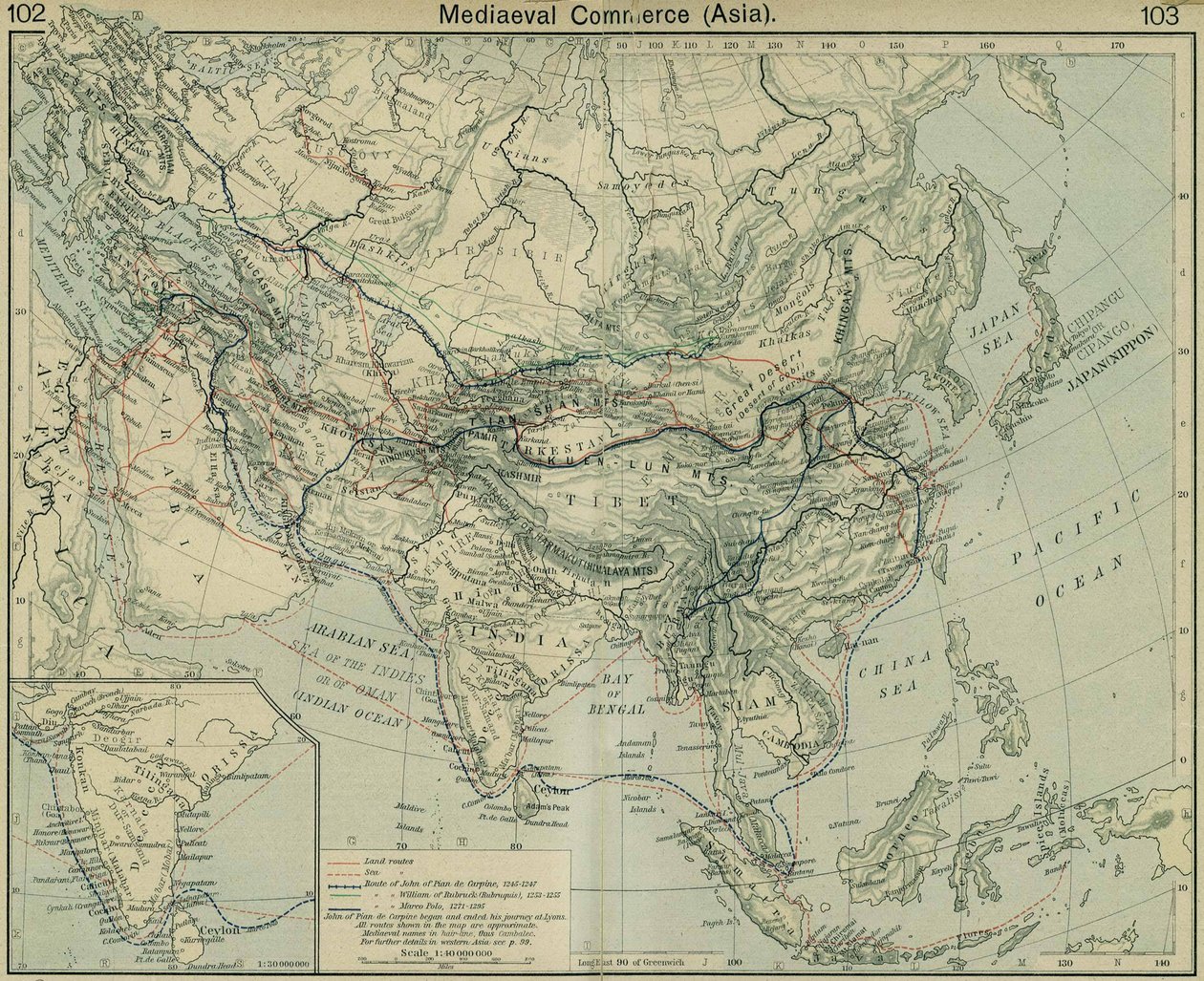 Comércio Medieval Ásia. Do Atlas Histórico de William Robert Shepherd