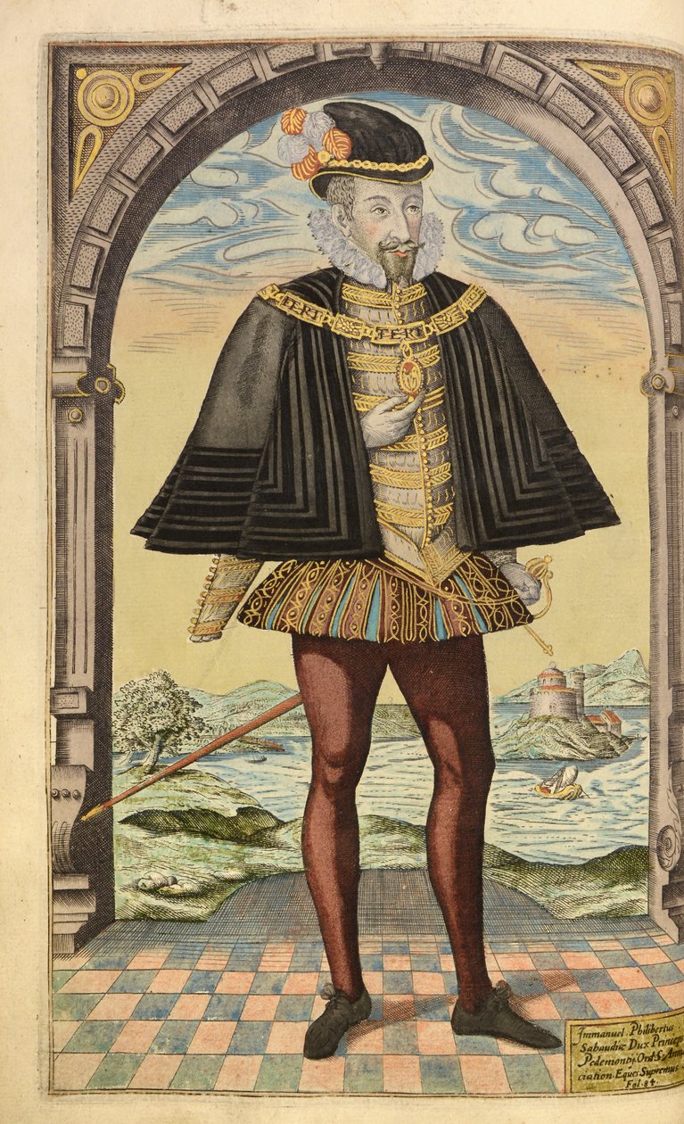 Emmanual Philibert, Duque de Savoy, da Honra Militar, e Civill, William Segar, pub. Robert Barker, Londres, 1602 (gravura colorida à mão) de William Rogers