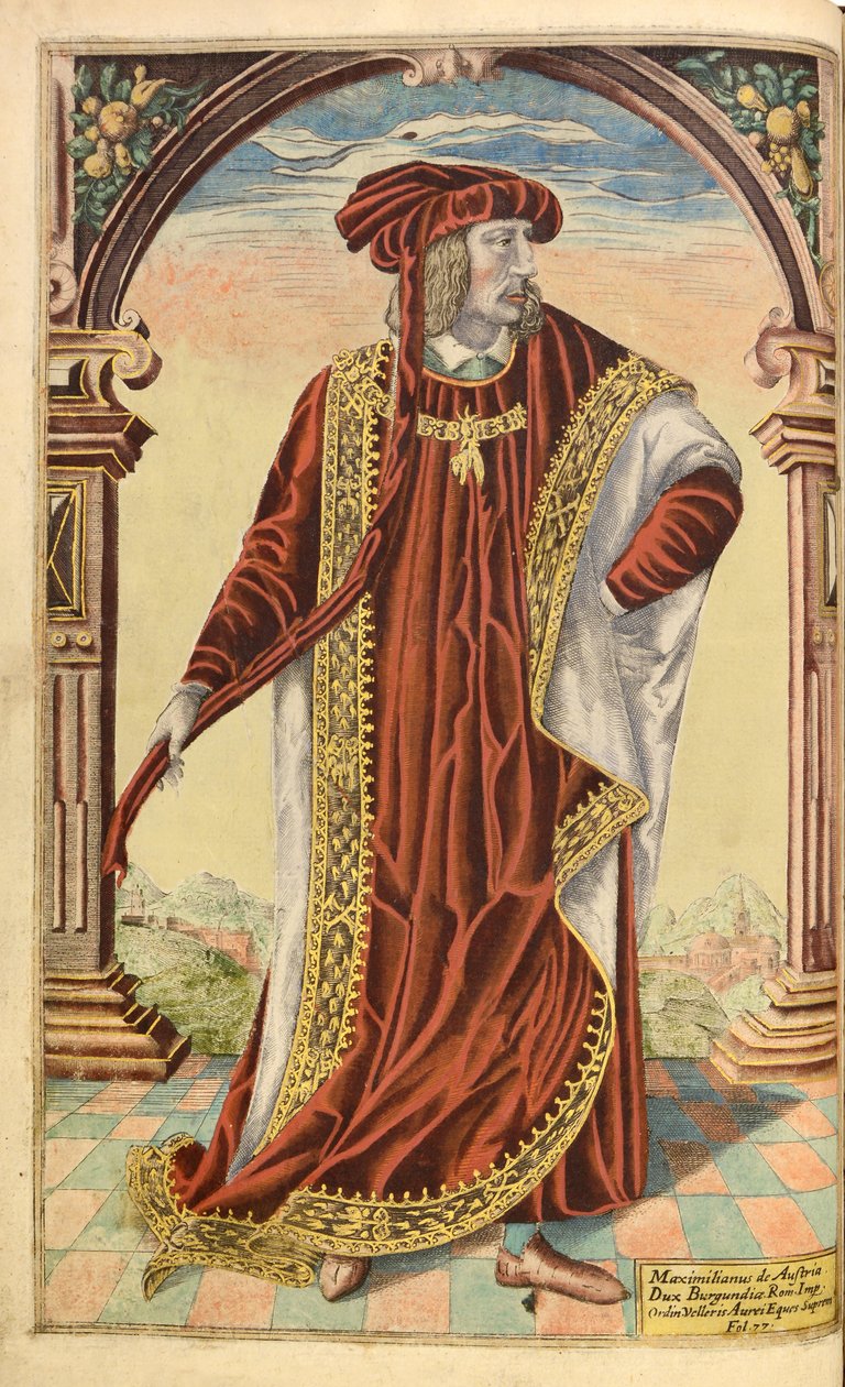 Imperador Maximillian I, de nHonor Military, e Civill, William Segar, pub. Robert Barker, Londres, 1602 (gravura colorida à mão) de William Rogers