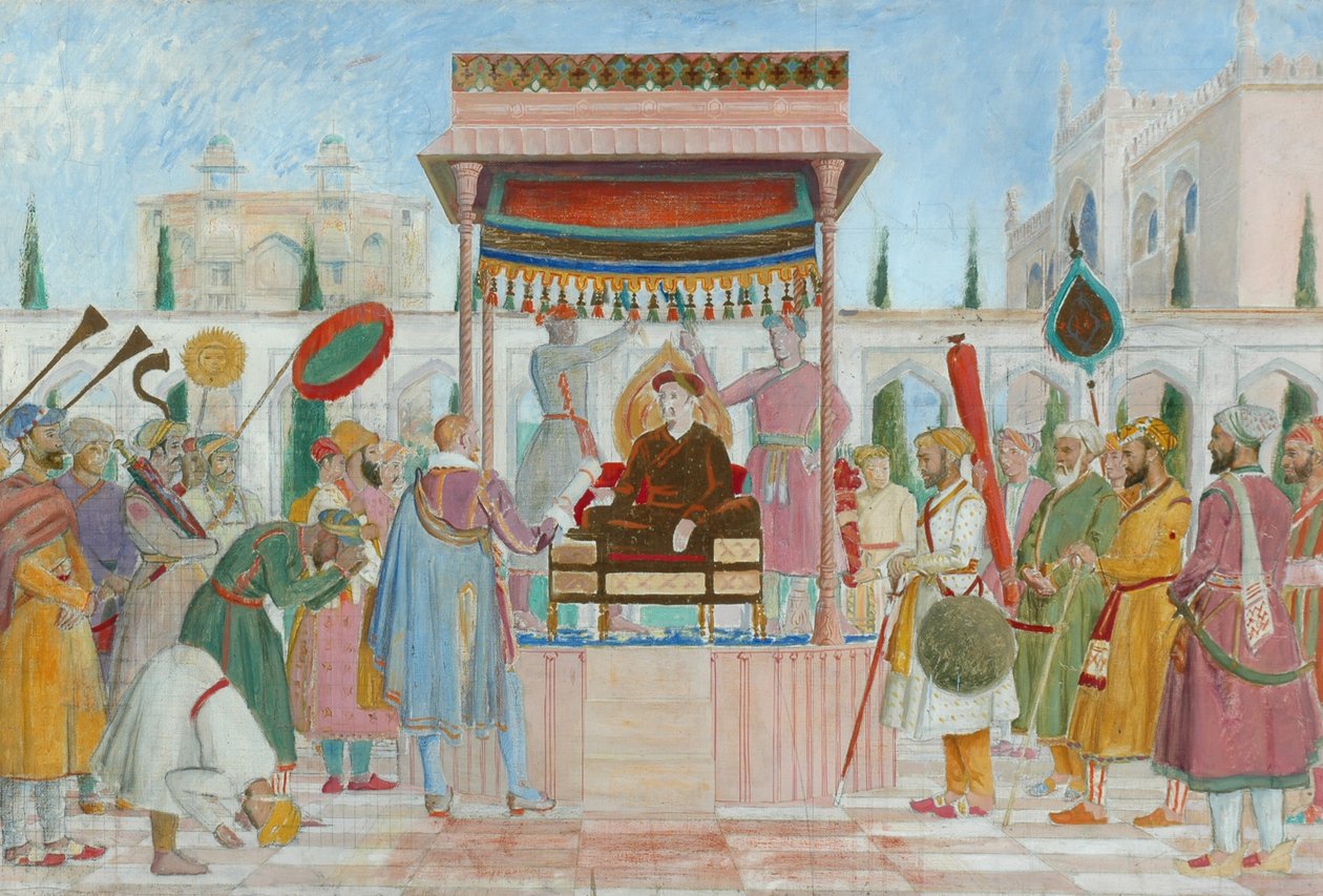 Embaixada de Sir Thomas Roe no Tribunal de Jehangir (óleo e lápis sobre tela) de William Rothenstein