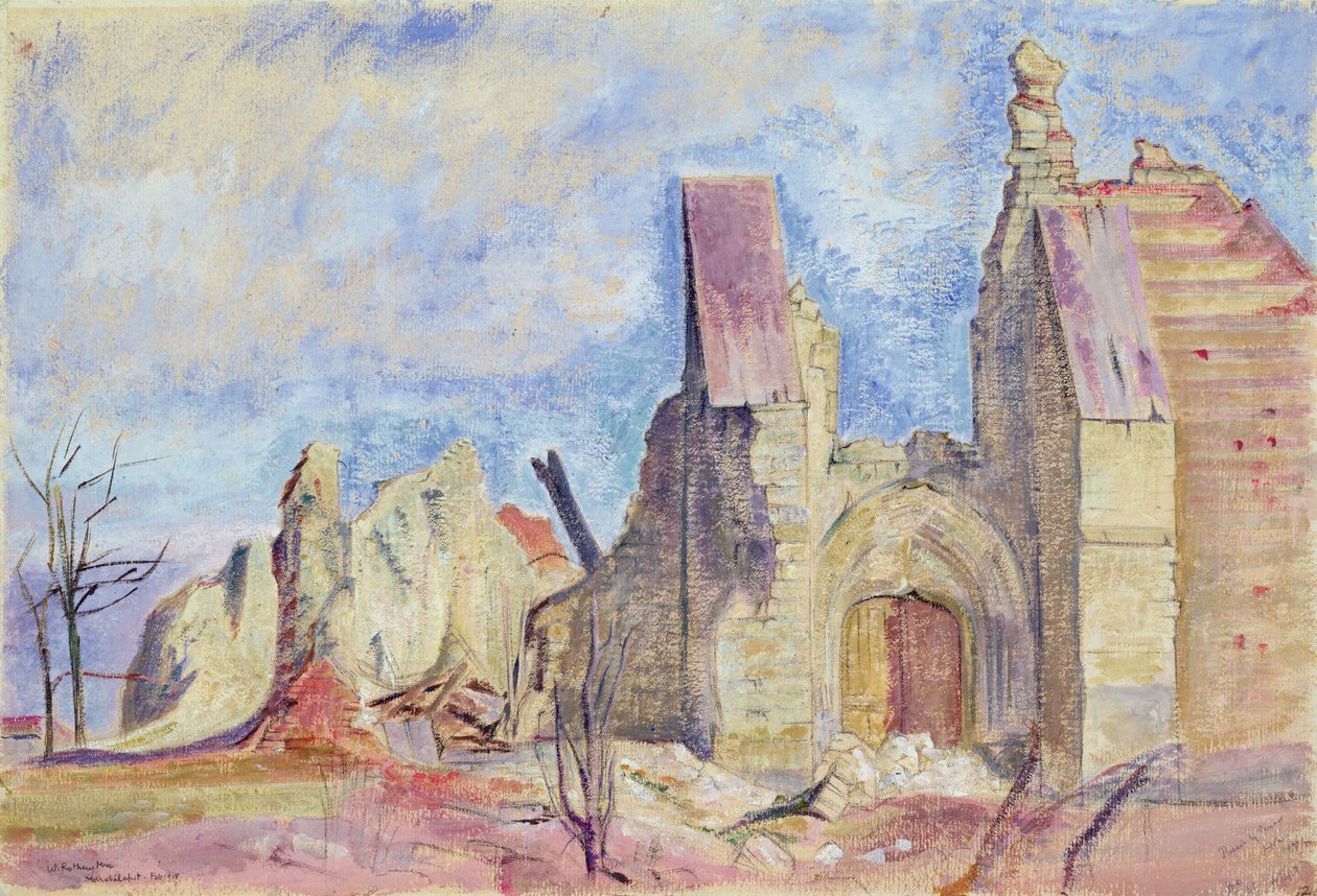 Frente Oeste, Igreja Marchelepot (gouache no papel) de William Rothenstein