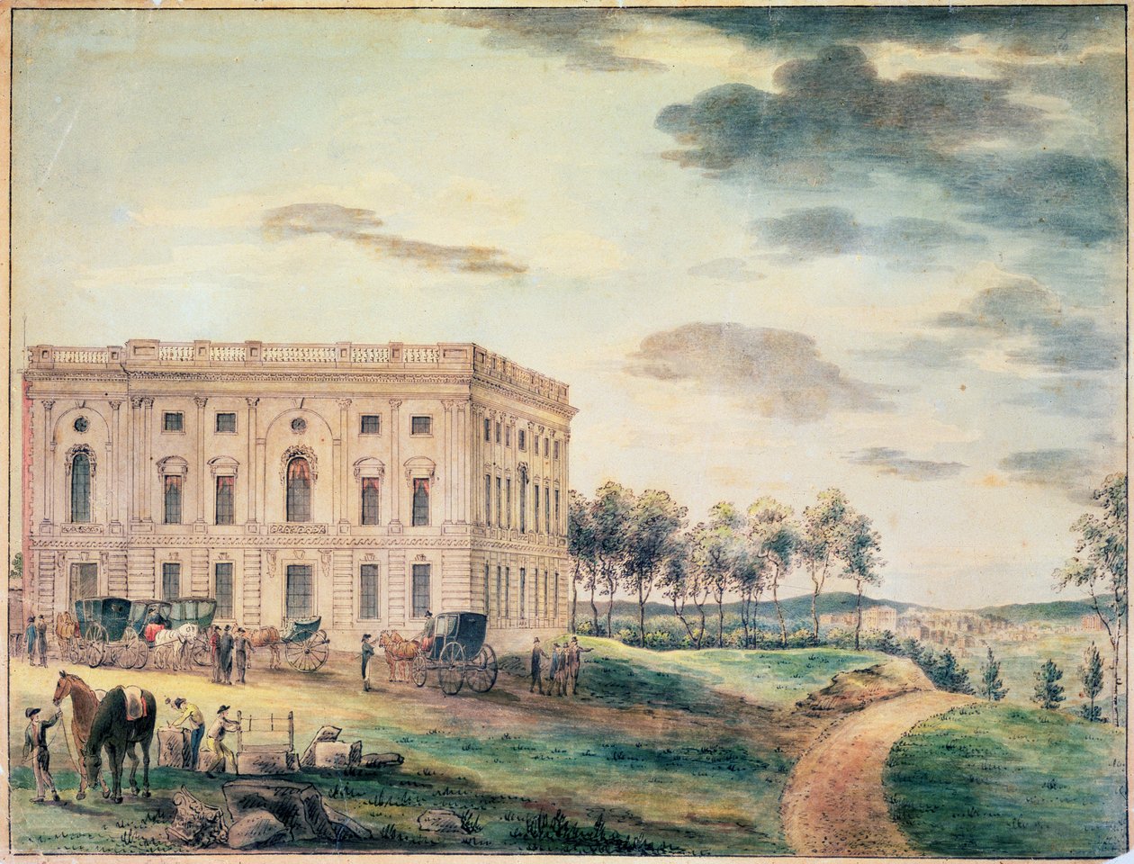 Uma vista do Capitólio de Washington antes de ser queimada pelos britânicos, c.1800 (wc no papel) de William Russell Birch