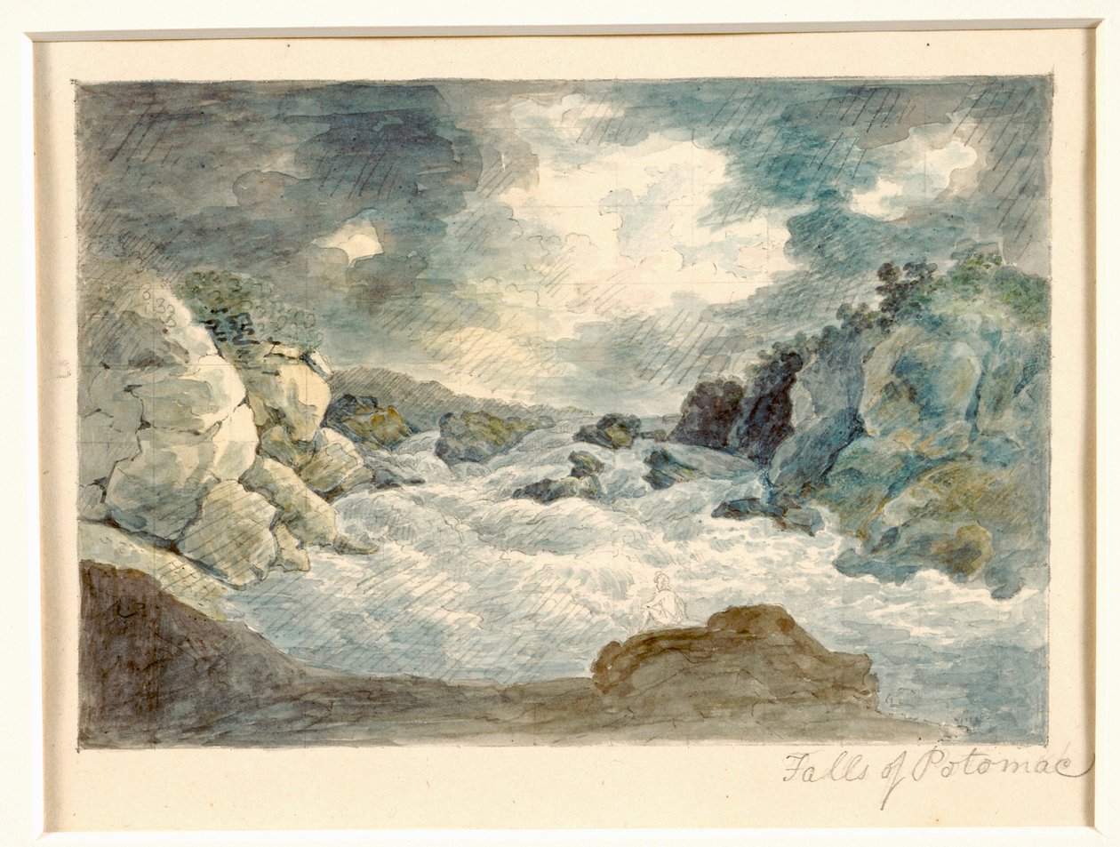 Falls of the Potomac, c.1800-10 (lápis e aquarela sobre papel) de William Russell Birch