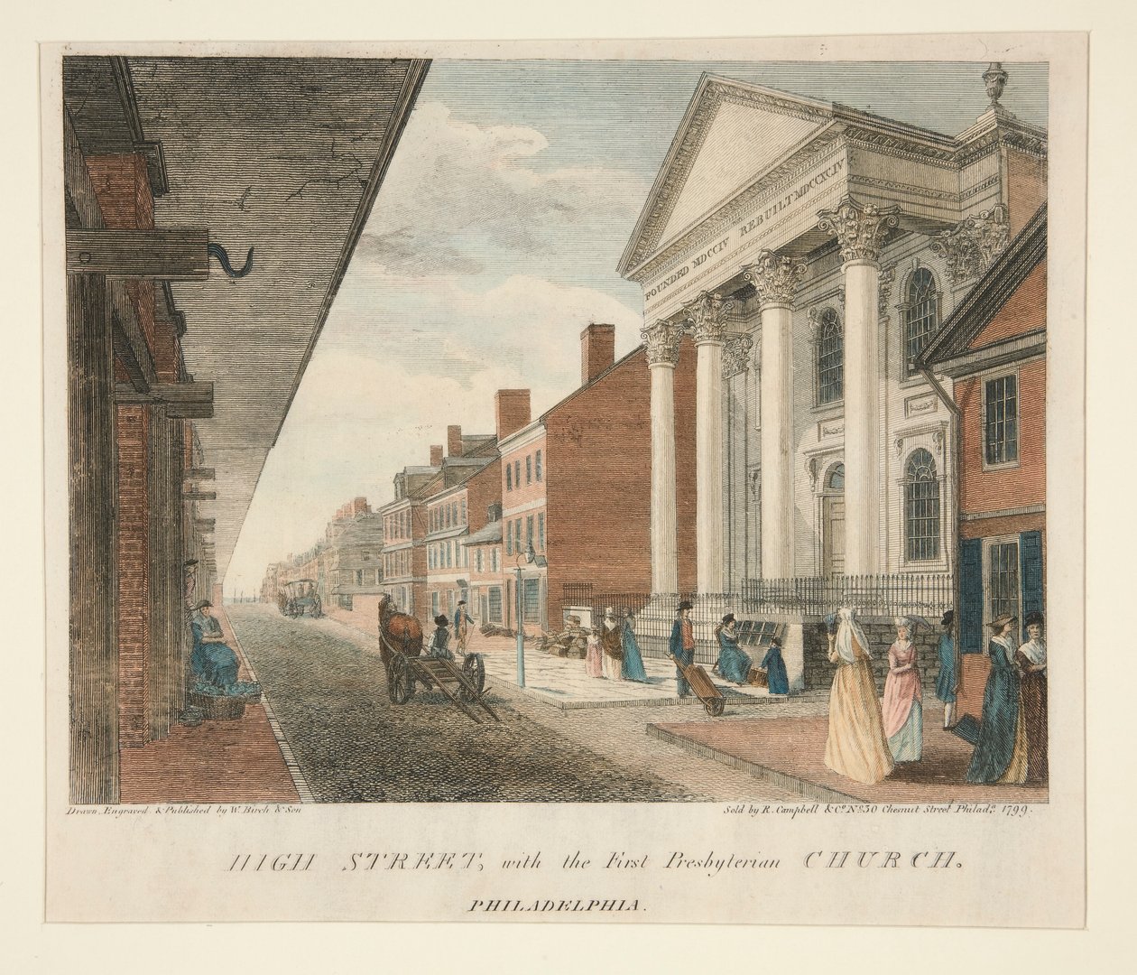 High Street, com a Primeira Igreja Presbiteriana, Filadélfia de William Russell Birch