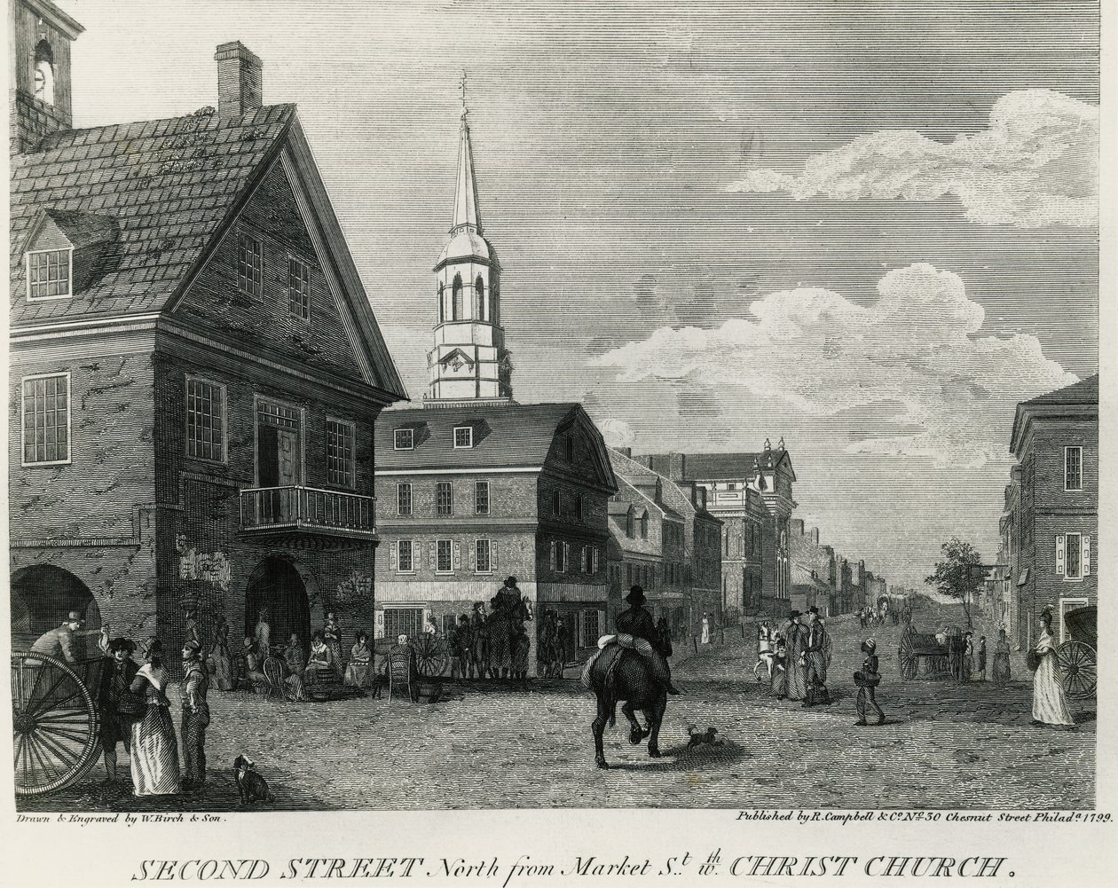 Second Street North from Market Street and Christ Church, Philadelphia, desenho de William Russell Birch (1755-1834), impresso por R Campbell, Estados Unidos da América de William Russell Birch