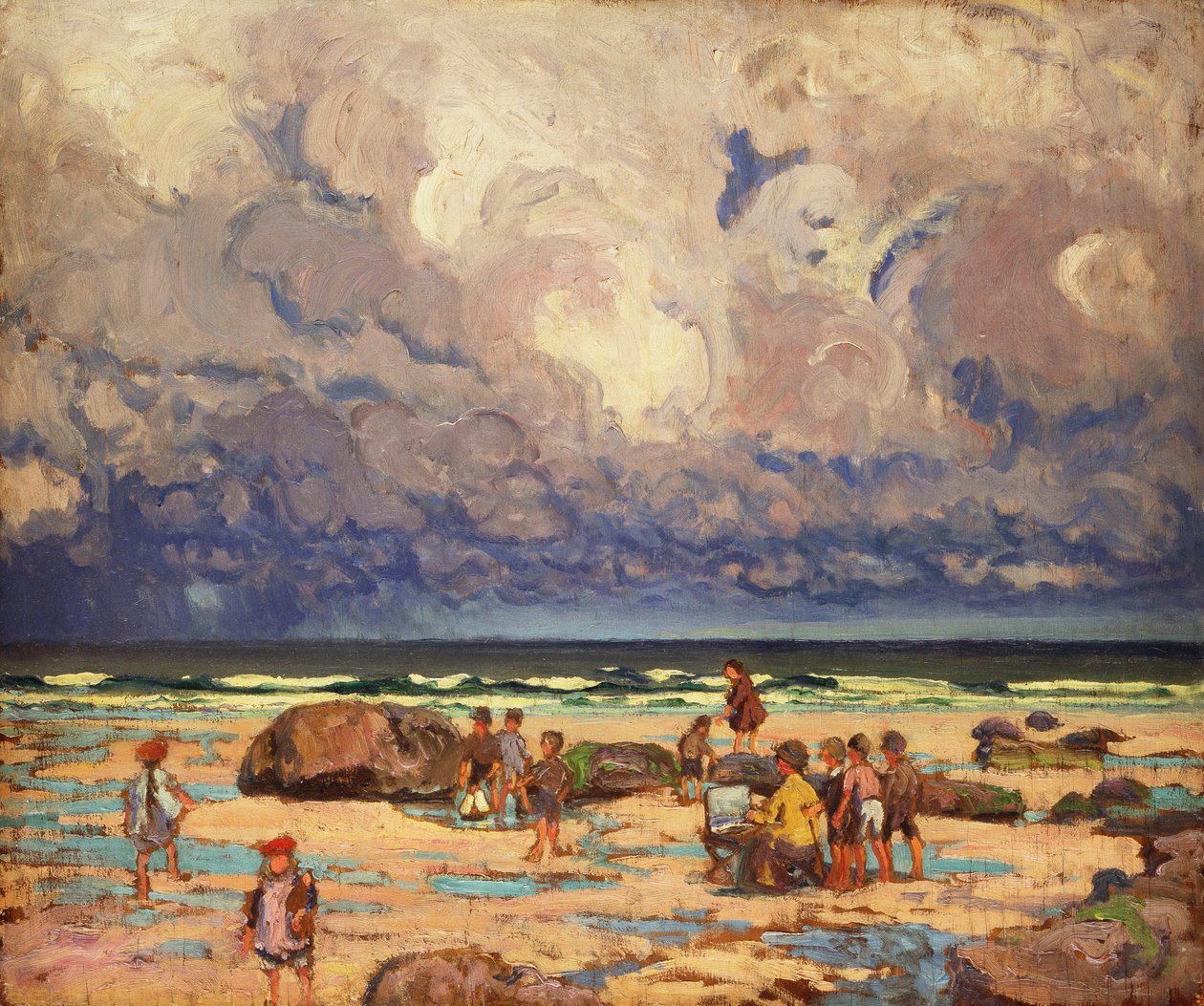 Crianças na Praia, c.1910 (óleo no painel) de William Samuel Horton