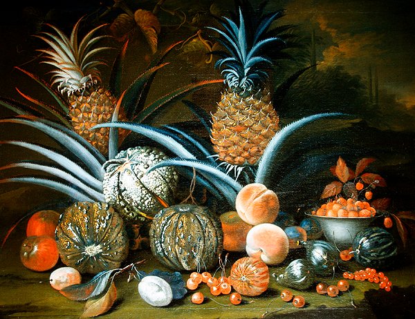 Natureza morta de ananases, melões, pêssegos, morangos, cerejas e outras frutas (óleo sobre tela) de William Sartorius